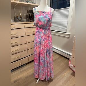 Lilly Pulitzer Pink and Aqua Floral Strapless Maxi Dress